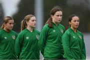 3 November 2022; Republic of Ireland players, from right, Amy Tierney, Clodagh Fitzgerald, Sorcha Melia and Lucy O'Rourke before the Women's U16 International Friendly match between Republic of Ireland and Switzerland at Whitehall Stadium in Dublin. Photo by Seb Daly/Sportsfile