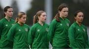 3 November 2022; Republic of Ireland players, from right, Amy Tierney, Clodagh Fitzgerald, Sorcha Melia, Lucy O'Rourke and Rebecca Devereux before the Women's U16 International Friendly match between Republic of Ireland and Switzerland at Whitehall Stadium in Dublin. Photo by Seb Daly/Sportsfile