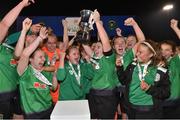 4 November 2022; Peamount United captain Sarah Power lifts the cup after the EA SPORTS Women's National Under-19 League Cup Final match between Peamount United and Shamrock Rovers at Athlone Town Stadium in Athlone, Westmeath. Photo by Ray Ryan/Sportsfile