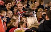 6 November 2022; Shauna Fox of Shelbourne celebrates with the EVOKE.ie FAI Women's Cup after the EVOKE.ie FAI Women's Cup Final match between Shelbourne and Athlone Town at Tallaght Stadium in Dublin. Photo by Stephen McCarthy/Sportsfile