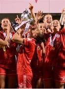 6 November 2022; Shelbourne captain Pearl Slattery and team-mates celebrate with the EVOKE.ie FAI Women's Cup after the EVOKE.ie FAI Women's Cup Final match between Shelbourne and Athlone Town at Tallaght Stadium in Dublin. Photo by Stephen McCarthy/Sportsfile