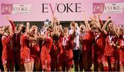 6 November 2022; Shelbourne captain Pearl Slattery and team-mates celebrate with the EVOKE.ie FAI Women's Cup after the EVOKE.ie FAI Women's Cup Final match between Shelbourne and Athlone Town at Tallaght Stadium in Dublin. Photo by Stephen McCarthy/Sportsfile