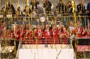 6 November 2022; Shelbourne captain Pearl Slattery and team-mates celebrate with the EVOKE.ie FAI Women's Cup after the EVOKE.ie FAI Women's Cup Final match between Shelbourne and Athlone Town at Tallaght Stadium in Dublin. Photo by Stephen McCarthy/Sportsfile