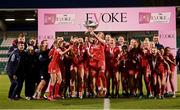 6 November 2022; Shelbourne captain Pearl Slattery and team-mates celebrate with the EVOKE.ie FAI Women's Cup after the EVOKE.ie FAI Women's Cup Final match between Shelbourne and Athlone Town at Tallaght Stadium in Dublin. Photo by Stephen McCarthy/Sportsfile