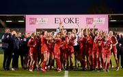 6 November 2022; Shelbourne captain Pearl Slattery and team-mates celebrate with the EVOKE.ie FAI Women's Cup after the EVOKE.ie FAI Women's Cup Final match between Shelbourne and Athlone Town at Tallaght Stadium in Dublin. Photo by Stephen McCarthy/Sportsfile