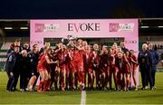 6 November 2022; Shelbourne captain Pearl Slattery and team-mates celebrate with the EVOKE.ie FAI Women's Cup after the EVOKE.ie FAI Women's Cup Final match between Shelbourne and Athlone Town at Tallaght Stadium in Dublin. Photo by Stephen McCarthy/Sportsfile