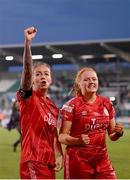 6 November 2022; Pearl Slattery, left, and Kate O'Dowd of Shelbourne celebrate after the EVOKE.ie FAI Women's Cup Final match between Shelbourne and Athlone Town at Tallaght Stadium in Dublin. Photo by Stephen McCarthy/Sportsfile