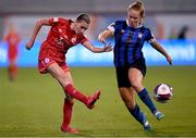 6 November 2022; Abbie Larkin of Shelbourne in action against Muireann Devaney of Athlone Town during the EVOKE.ie FAI Women's Cup Final match between Shelbourne and Athlone Town at Tallaght Stadium in Dublin. Photo by Stephen McCarthy/Sportsfile