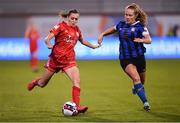 6 November 2022; Abbie Larkin of Shelbourne in action against Muireann Devaney of Athlone Town during the EVOKE.ie FAI Women's Cup Final match between Shelbourne and Athlone Town at Tallaght Stadium in Dublin. Photo by Stephen McCarthy/Sportsfile