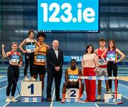 9 November 2022; Some of the stars of Irish Athletics pictured at the official launch of 123.ie as national partner of Athletics Ireland which will see the leading Irish insurance company support an athletics community of over 300,000 be the best they can be. See www.123.ie/Athletics-Ireland for more. In attendance, from left, Heptathlete Kate O'Connor, Middle distance Emily Bolton, Long jumper Reece Ademola, Athletics Ireland Chief Executive Officer Hamish Adams, Sprinter Israel Olatunde, Managing Director 123.ie Elaine Robinson, Discus thrower Cian Crampton and Middle distance athlete Anne Gilshinan at the official announcement in the National Indoor Arena at the Sport Ireland Campus, Dublin. Photo by Eóin Noonan/Sportsfile