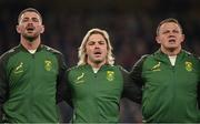 5 November 2022; South Africa players, from left, Willie le Roux, Faf de Klerk and Kwagga Smith during the national anthems before the Bank of Ireland Nations Series match between Ireland and South Africa at the Aviva Stadium in Dublin. Photo by Brendan Moran/Sportsfile