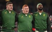 5 November 2022; South Africa players, from left, Malcolm Marx, Steven Kitshoff and captain Siya Kolisi during the national anthems before the Bank of Ireland Nations Series match between Ireland and South Africa at the Aviva Stadium in Dublin. Photo by Brendan Moran/Sportsfile