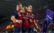 10 November 2022; Simon Zebo of Munster, centre, celebrates with team mates Mike Haley, right, and Shane Daly after scoring his side's first try during the match between Munster and South Africa Select XV at Páirc Ui Chaoimh in Cork. Photo by David Fitzgerald/Sportsfile
