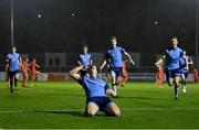 11 November 2022; Thomas Lonergan of UCD celebrates after scoring his side's first goal during the SSE Airtricity League Promotion / Relegation Play-off match between UCD and Waterford at Richmond Park in Dublin. Photo by Seb Daly/Sportsfile