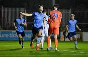 11 November 2022; Thomas Lonergan of UCD celebrates after scoring his side's first goal during the SSE Airtricity League Promotion / Relegation Play-off match between UCD and Waterford at Richmond Park in Dublin. Photo by Seb Daly/Sportsfile