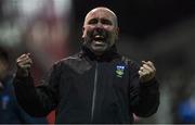 11 November 2022; UCD manager Andy Myler celebrates after Waterford miss a penalty during the SSE Airtricity League Promotion / Relegation Play-off match between UCD and Waterford at Richmond Park in Dublin. Photo by Tyler Miller/Sportsfile