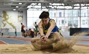 12 November 2022; Cillin Hoey of Colaiste Iosagain Portarlington, Offaly, competes in the minor boys long jump during the 123.ie All-Ireland Schools’ Combined Events at TUS International Arena in Athlone, Westmeath. Photo by Sam Barnes/Sportsfile