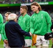 12 November 2022; Cian Prendergast of Ireland shakes hands with President of Ireland Michael D Higgins before the Bank of Ireland Nations Series match between Ireland and Fiji at the Aviva Stadium in Dublin. Photo by Harry Murphy/Sportsfile