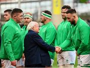 12 November 2022; Jack Conan of Ireland shakes hands with President of Ireland Michael D Higgins before the Bank of Ireland Nations Series match between Ireland and Fiji at the Aviva Stadium in Dublin. Photo by Harry Murphy/Sportsfile