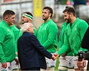 12 November 2022; Stuart McCloskey of Ireland shakes hands with President of Ireland Michael D Higgins before the Bank of Ireland Nations Series match between Ireland and Fiji at the Aviva Stadium in Dublin. Photo by Harry Murphy/Sportsfile
