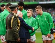12 November 2022; Jack Crowley of Ireland shakes hands with President of Ireland Michael D Higgins before the Bank of Ireland Nations Series match between Ireland and Fiji at the Aviva Stadium in Dublin. Photo by Harry Murphy/Sportsfile