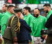 12 November 2022; Jamison Gibson-Park of Ireland shakes hands with President of Ireland Michael D Higgins before the Bank of Ireland Nations Series match between Ireland and Fiji at the Aviva Stadium in Dublin. Photo by Harry Murphy/Sportsfile
