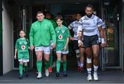 12 November 2022; Team captains Tadhg Furlong of Ireland and Waisea Nayacalevu of Fiji lead their teams out before the Bank of Ireland Nations Series match between Ireland and Fiji at the Aviva Stadium in Dublin. Photo by Brendan Moran/Sportsfile