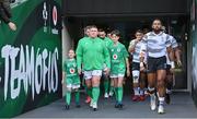 12 November 2022; Team captains Tadhg Furlong of Ireland and Waisea Nayacalevu of Fiji lead their teams out before the Bank of Ireland Nations Series match between Ireland and Fiji at the Aviva Stadium in Dublin. Photo by Brendan Moran/Sportsfile