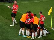 13 November 2022; Derry City players including Mark Connolly, left celebrate their sides third goal scored by Cameron McJannet during the Extra.ie FAI Cup Final match between Derry City and Shelbourne at Aviva Stadium in Dublin. Photo by Michael P Ryan/Sportsfile