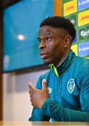 15 November 2022; Chiedozie Ogbene during a Republic of Ireland media conference at the FAI headquarters in Abbotstown, Dublin. Photo by Seb Daly/Sportsfile