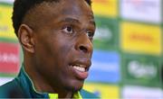 15 November 2022; Chiedozie Ogbene during a Republic of Ireland media conference at the FAI headquarters in Abbotstown, Dublin. Photo by Seb Daly/Sportsfile