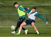 16 November 2022; John Egan, left, and Evan Ferguson during a Republic of Ireland training session at the FAI National Training Centre in Abbotstown, Dublin. Photo by Seb Daly/Sportsfile