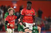 26 November 2022; Edwin Edogbo of Munster celebrates after his side's victory in the United Rugby Championship match between Munster and Connacht at Thomond Park in Limerick. Photo by Piaras Ó Mídheach/Sportsfile