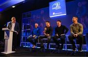 26 November 2022; Joe Schmidt, Brian O’Driscoll, Eoin Reddan and Rob Kearney in conversation with MC Peter Breen at the Heineken Cup 2011 and 2012 winner's lunch before the United Rugby Championship match between Leinster and Glasgow Warriors at RDS Arena in Dublin. Photo by Harry Murphy/Sportsfile