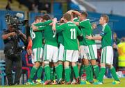14 August 2013; Martin Paterson, 9, Northern Ireland, is congratulated by team-mates after scoring their side's first goal. 2014 FIFA World Cup Qualifier, Group F, Refixture, Northern Ireland v Russia, Windsor Park, Belfast, Co. Antrim. Picture credit: Liam McBurney / SPORTSFILE