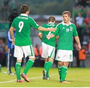 14 August 2013; Martin Paterson, Northern Ireland, left, is congratulated by team-mate Jamie Ward after scoring their side's first goal. 2014 FIFA World Cup Qualifier, Group F, Refixture, Northern Ireland v Russia, Windsor Park, Belfast, Co. Antrim. Picture credit: Liam McBurney / SPORTSFILE