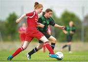 17 August 2013; Sophie O'Donoghue, Shelbourne, in action against Melanie Mulvaney, Peamount United. FAI Umbro U14 Women's Cup Final, Peamount United v Shelbourne, Oscar Traynor Centre, Coolock, Dublin. Picture credit: Pat Murphy / SPORTSFILE