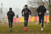 10 December 2022; Ireland athletes from left, Hiko Tonosa Haso, Brian Fay and Barry Keane during the official training session ahead of the SPAR European Cross Country Championships at Piemonte-La Mandria Park in Turin, Italy. Photo by Sam Barnes/Sportsfile