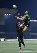 10 December 2022; Diarmuid Kilgallen of Connacht claims a crossfield ball before scoring his side's third try, despite the efforts of Newcastle Falcons' Alex Tait, during the EPCR Challenge Cup Pool A Round 1 match between Connacht and Newcastle Falcons at The Sportsground in Galway. Photo by Seb Daly/Sportsfile