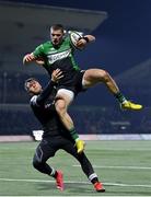 10 December 2022; Diarmuid Kilgallen of Connacht claims a crossfield ball before scoring his side's third try, despite the efforts of Newcastle Falcons' Alex Tait, during the EPCR Challenge Cup Pool A Round 1 match between Connacht and Newcastle Falcons at The Sportsground in Galway. Photo by Seb Daly/Sportsfile