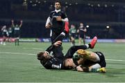 10 December 2022; Diarmuid Kilgallen of Connacht scores his side's third try, despite the efforts of Newcastle Falcons' Alex Tait, during the EPCR Challenge Cup Pool A Round 1 match between Connacht and Newcastle Falcons at The Sportsground in Galway. Photo by Seb Daly/Sportsfile