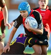 15 December 2022; Nicholas Serrano of St Mary's is tackled by Senann Williams of Ardgillian during the Bank of Ireland Leinster Rugby Pat Rossiter Cup (JCT) match between St. Mary's CBS, Portlaoise and Ardgillan Community College at Energia Park in Dublin. Photo by Ben McShane/Sportsfile