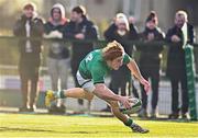 17 December 2022; Henry McErlean of Ireland, scores his side's fourth try during the U20 Rugby International Friendly match between Ireland and Italy at Clontarf RFC in Dublin. Photo by Sam Barnes/Sportsfile