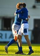 17 December 2022; Giovanni Sante, left, and Simone Brisighella of Italy celebrate their side's victory after the U20 Rugby International Friendly match between Ireland and Italy at Clontarf RFC in Dublin.  Photo by Sam Barnes/Sportsfile
