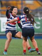 17 December 2022; Natasja Behan, left, and Maeve Liston of Blackrock College celebrate at the final whistle after their side's victory in the Energia AIL Women's Division Final match between Blackrock College and Railway Union at Energia Park in Dublin. Photo by Seb Daly/Sportsfile