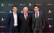 17 December 2022; In attendance during the RTÉ Sports Awards 2022 at RTÉ studios in Donnybrook, Dublin, are men's lightweight double skulls rowers Fintan McCarthy, left and Paul O'Donovan, right, with coach Dominic Casey. Photo by Seb Daly/Sportsfile