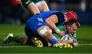 1 January 2023; David Hawkshaw of Connacht scores his side's first try despite the tackle of Josh van der Flier of Leinster during the United Rugby Championship between Leinster and Connacht at RDS Arena in Dublin. Photo by Ben McShane/Sportsfile