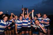 7 January 2023; Athy RFC captain Amy Lynch lifts the cup as her team-mates celebrate after the Bank of Ireland Leinster Rugby Girls 18s Plate match between Portdara of Laois and Athy RFC of Kildare at the Pitch 2 in SETU Carlow, Carlow. Photo by Matt Browne/Sportsfile