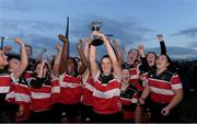 7 January 2023; Wicklow RFC captain Jessica Griffey lifts the cup as her team-mates celebrate after the Bank of Ireland Leinster Rugby Girls 18s Cup match between Wicklow RFC of Wicklow and Southeast Lions of Wexford at the Pitch 1 in SETU Carlow, Carlow. Photo by Matt Browne/Sportsfile