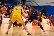 7 January 2023; Jarett Haines of University of Galway in action against Jake Verschoyle of Bright St Vincent's during the Basketball Ireland Pat Duffy Cup Semi-Final match between University of Galway Maree and Bright St. Vincent’s at Neptune Stadium in Cork. Photo by Brendan Moran/Sportsfile